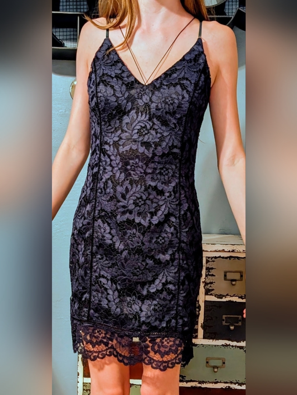ASTR Navy Lace Mini Slip Dress with Scalloped Hem